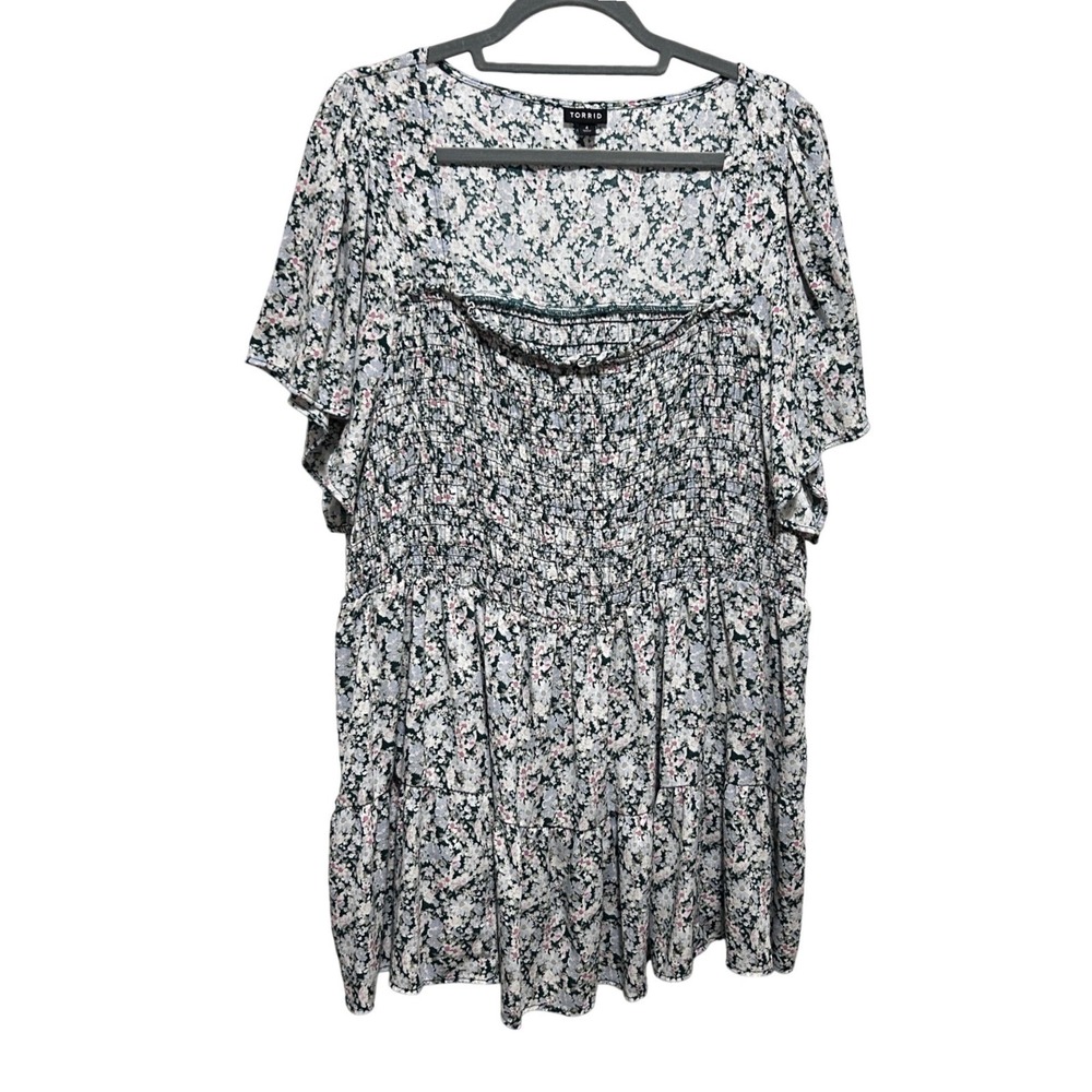 Torrid Women‎ Floral Babydoll Tunic Top 4 Green Pink Smock Peasant Cottage Fairy